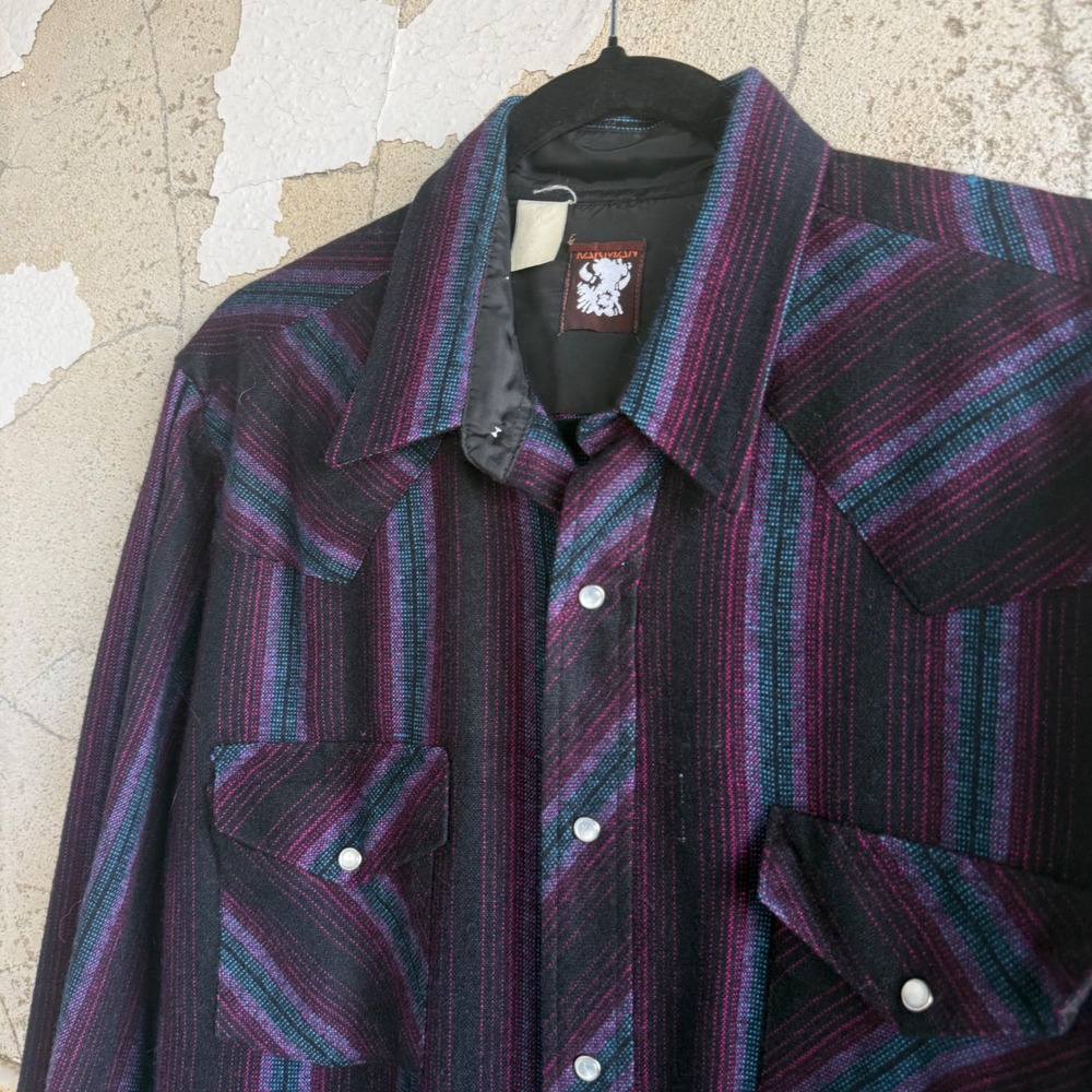 Vintage 70s Western Shirt Pearl Snap Teal Purple Stripes Cowboy Workwear Mens M